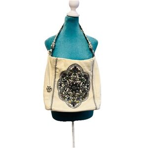 Brighton Anju Masterpiece H3337N Cream Sequin Beaded Soft Leather Bucket Bag